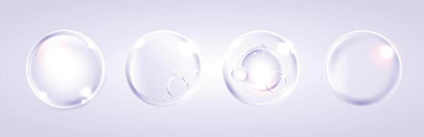 realista transparente jabón burbujas con ligero reflexiones en un suave púrpura antecedentes. Perfecto para protección de la piel, limpieza, cosmético, o frescura conceptos en publicidad y diseño. vector