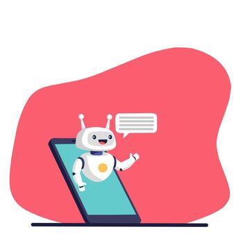 illustration of a chatbot robot emerging from a smartphone screen, symbolizing AI, communication, and virtual assistant technology vector