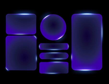 Neon Futuristic Frame and Button Set in Blue Purple Glow for Modern Tech Interfaces vector