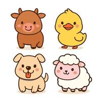 cuatro adorable kawaii granja animales, vaca, pato, perro, y oveja vector