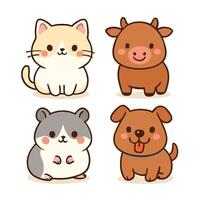 cuatro linda kawaii mascota animales, gato, vaca, hámster, y perro vector