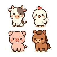 cuatro adorable kawaii granja animales, vaca, polluelo, cerdo, y caballo vector