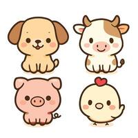 cuatro adorable kawaii granja animales, perro, vaca, cerdo, y polluelo vector