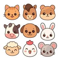 nueve linda kawaii animal caras, gato, caballo, hámster, vaca, perro, conejo, oveja, pollo, ratón vector