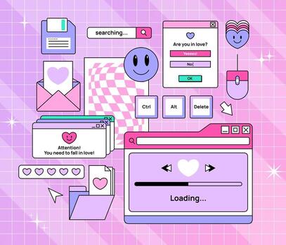 de moda y2k pegatina colocar. antiguo computadora estética.retro usuario interfaz ventanas, errores, botones vector