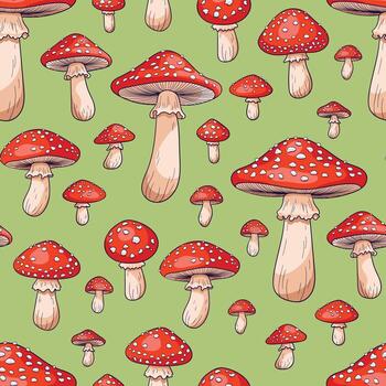 Mushroom pattern. Seamless pattern with toadstools on a green background, summer illustration vector