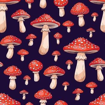 Pattern with toadstools mushrooms on a dark background. Forest mushrooms with red caps and white dots vector