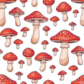 Seamless pattern with mushrooms. Fly agaric mushrooms with red caps and white spots on a white background vector