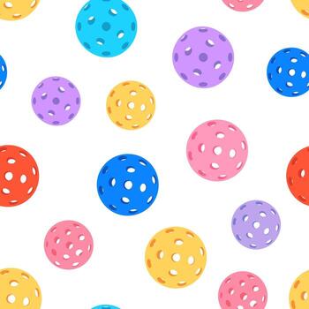 Seamless pattern of colorful pickleballs with perforated surfaces on a light beige background in a playful vector