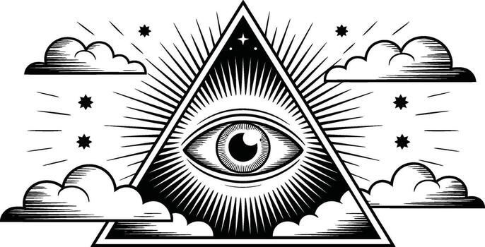 All Seeing Eye in Triangle with Clouds and Stars eye of providence vector