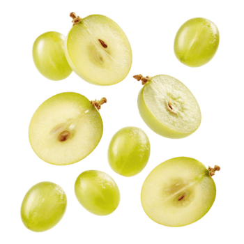 Dynamic composition of grapes sliced and floating diagonally, isolated on transparent background png