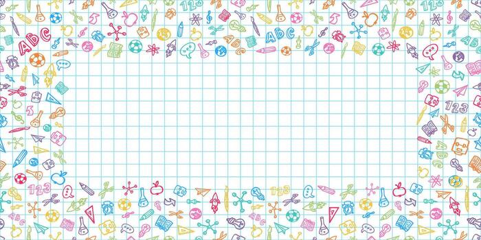 Back to School Seamless Pattern Design with Hand Drawn Doodles in School Supplies Style and Copy Space on White Sheet of Notebook Background. Education Banner, Learning and Knowledge vector