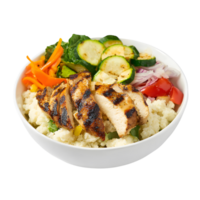 Flavorful cauliflower rice bowl with seasoned grilled chicken, avocado slices, and topped with a sprinkle of cilantro served in a rustic bowl , transparent background png