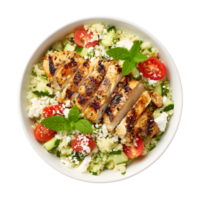 Healthy cauliflower rice bowl topped with grilled chicken, colorful veggies, and drizzled with a tangy sauce , transparent background png