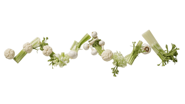 fresco cavolfiore fiorellini e sedano bastoni disposte nel un' ondulato modello su fondale png