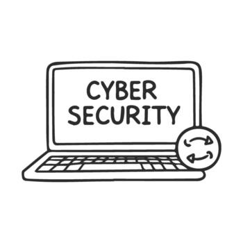 Hand drawnlaptop with cyber security text and sync icon vector