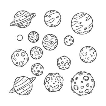 Hand drawncelestial bodies collection featuring planets and moons with unique patterns vector