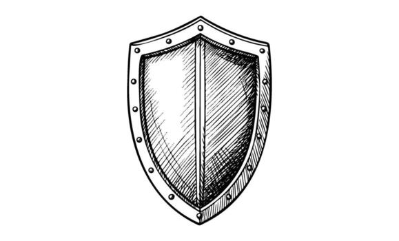 drawn shield sketch with rivets and central ridge on white background vector