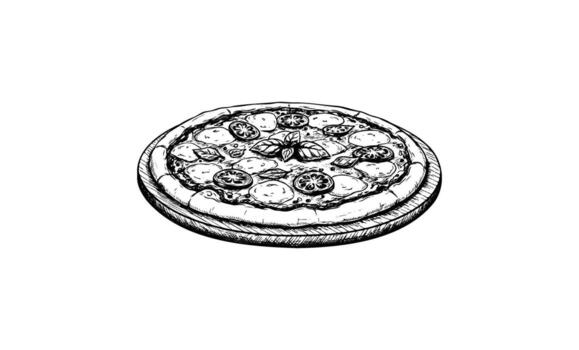 drawn pizza sketch with toppings on round crust in black and white vector
