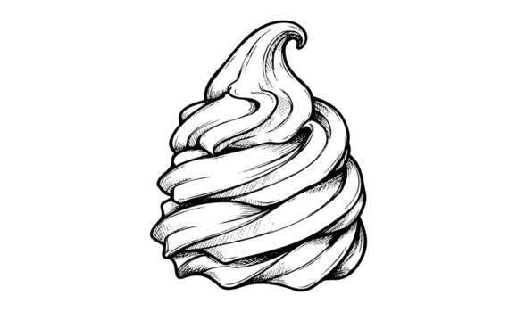 drawn black and white ice cream soft serve cone sketch with swirls vector