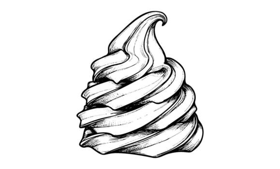 drawn swirling soft serve ice cream cone in black and white vector