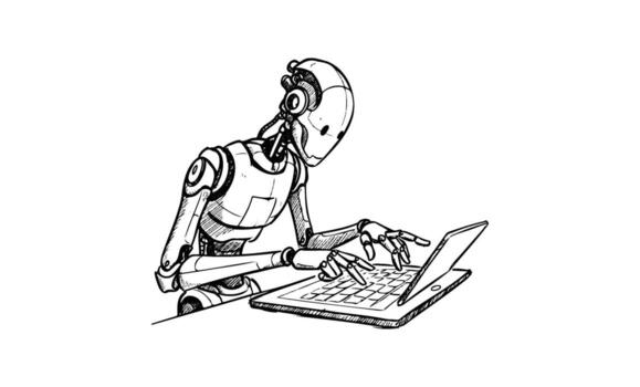 Robot typing on laptop futuristic humanoid ai working with technology vector