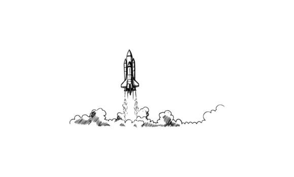 Hand drawnspace shuttle launch with smoke and clouds vector