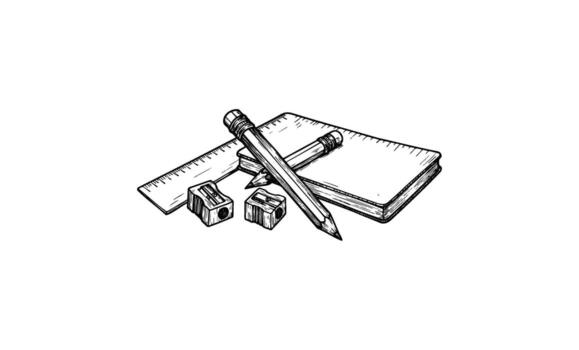 Sketchbook with pencils, erasers, and ruler on white background vector