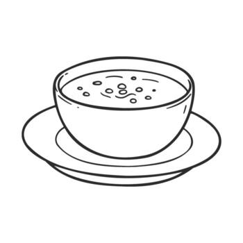 Black and white line drawing of soup bowl on plate with abstract patterns vector