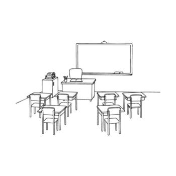 Classroom outline with desks and blackboard minimalist educational setting vector