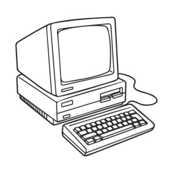 Vintage desktop computer outline drawing with keyboard and mouse vector