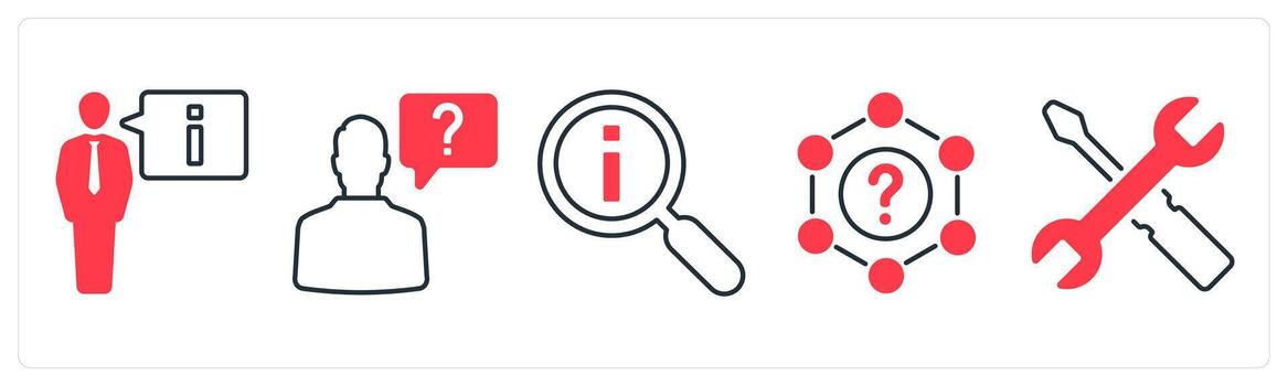 A set of 5 mix icons as information, support, search info in red color vector