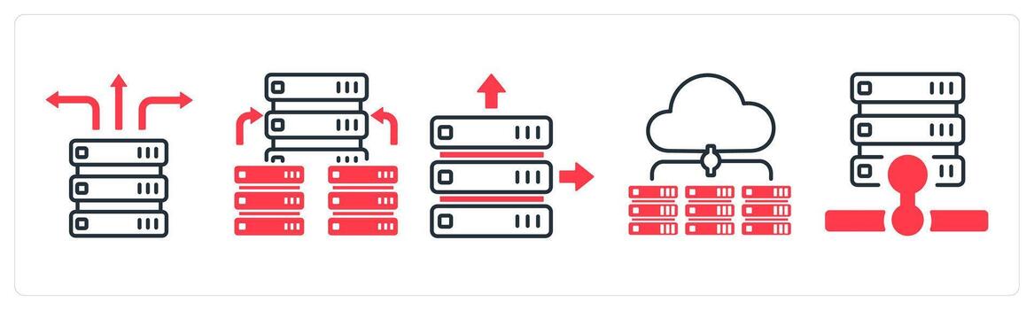 A set of 5 mix icons as server connectivity, hosting server, database server in red color vector
