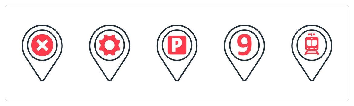 A set of 5 mix icons as delete, options, parking spot in red color vector