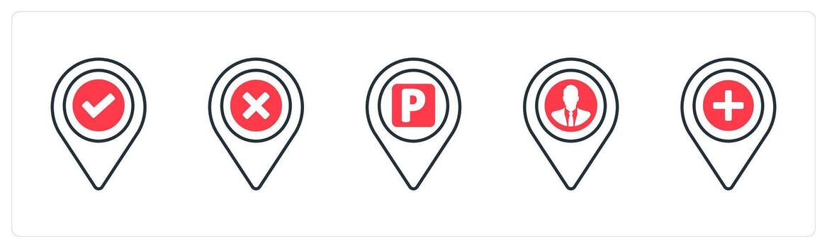 A set of 5 mix icons as checkmark, delete, parking spot in red color vector