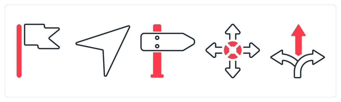 A set of 5 mix icons as signpost, navigation, arrow direction in red color vector