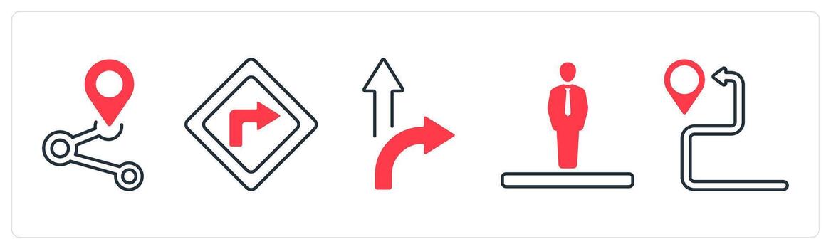 A set of 5 mix icons as share location, left location, path in red color vector