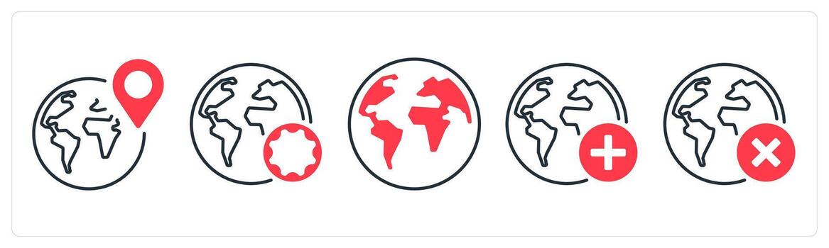 A set of 5 mix icons as location, map settings, global in red color vector