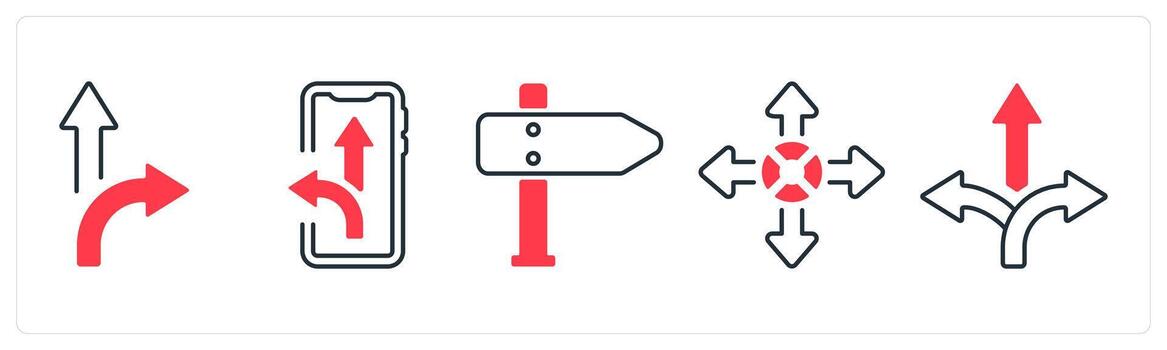 A set of 5 mix icons as path, route, arrow direction in red color vector
