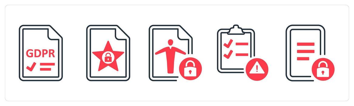 A set of 5 mix icons as gdpr, data protection, personal data in red color vector