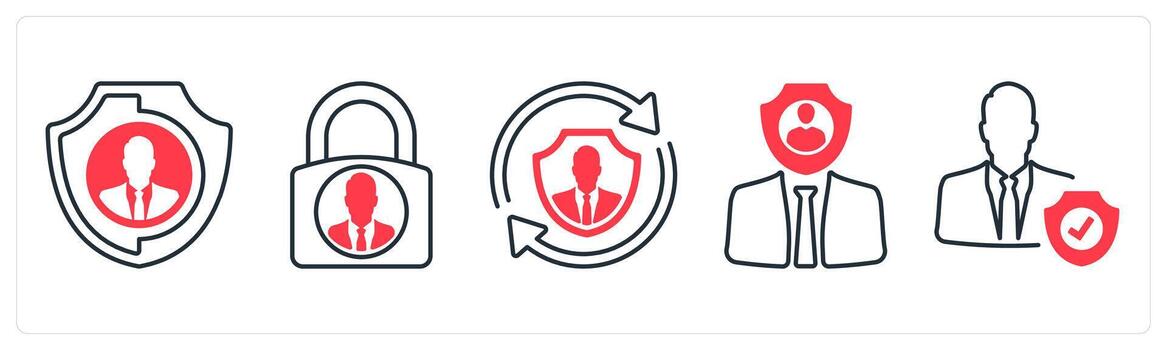 A set of 5 mix icons as security shield, profile lock, update security in red color vector