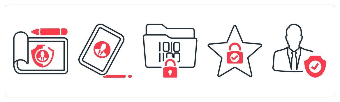 A set of 5 mix icons as protected document, contact register, programming in red color vector
