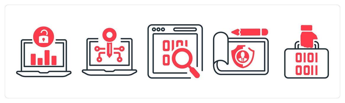 A set of 5 mix icons as logs security, technical specification, programming in red color vector