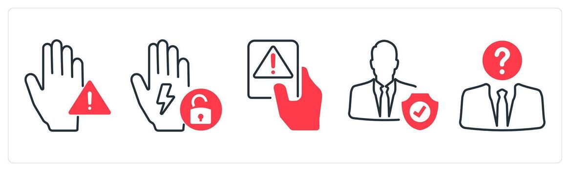 A set of 5 mix icons as penality, security shield, alert in red color vector