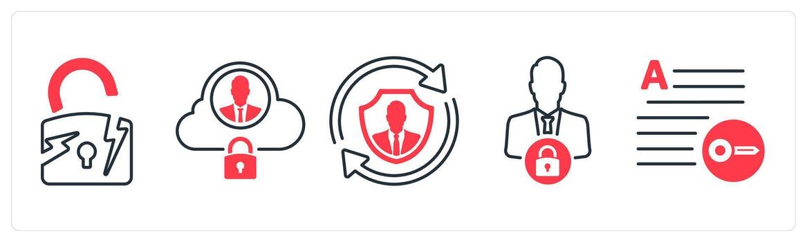 A set of 5 mix icons as security break, cloud security, update security in red color vector