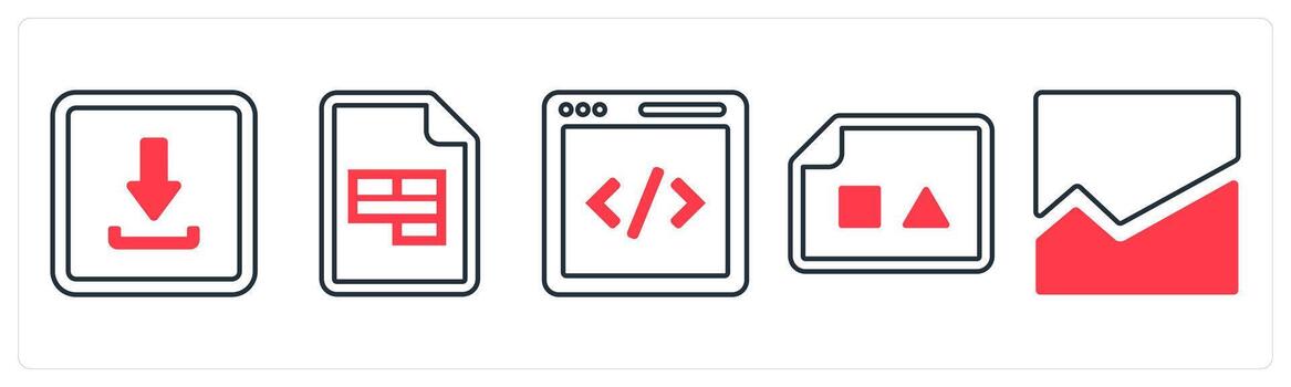 A set of 5 mix icons as download page, excel document, coding in red color vector