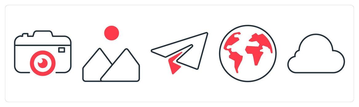 A set of 5 mix icons as camera, mountain, send in red color vector