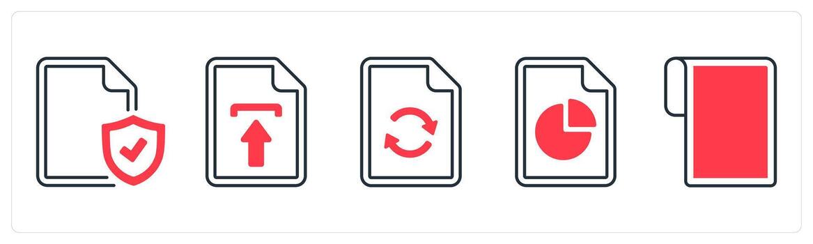 A set of 5 mix icons as secured document, upload, update in red color vector