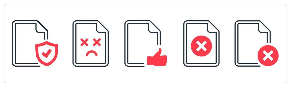 A set of 5 mix icons as secured document, missing page, approved in red color vector