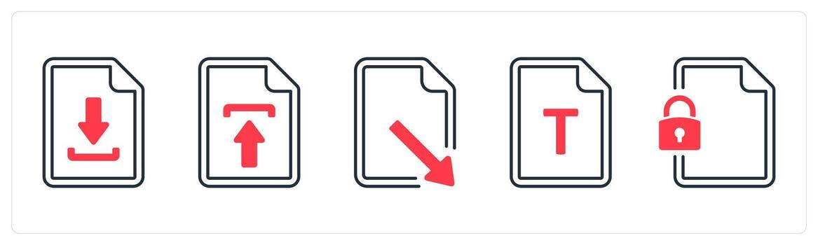 A set of 5 mix icons as download, upload, download file in red color vector